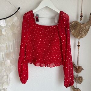 Art Class Red Puff Sleeve Smocked Crop Blouse